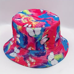 Colorful Butterfly Print Bucket Hat Rose Red Tie Dye Sunscreen Fisherman Cap