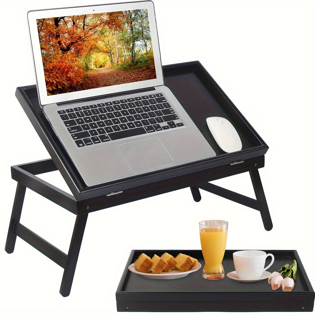 Wooden Bed Tray Table Folding Legs Serving Breakfast TV Laptop Snack Tray