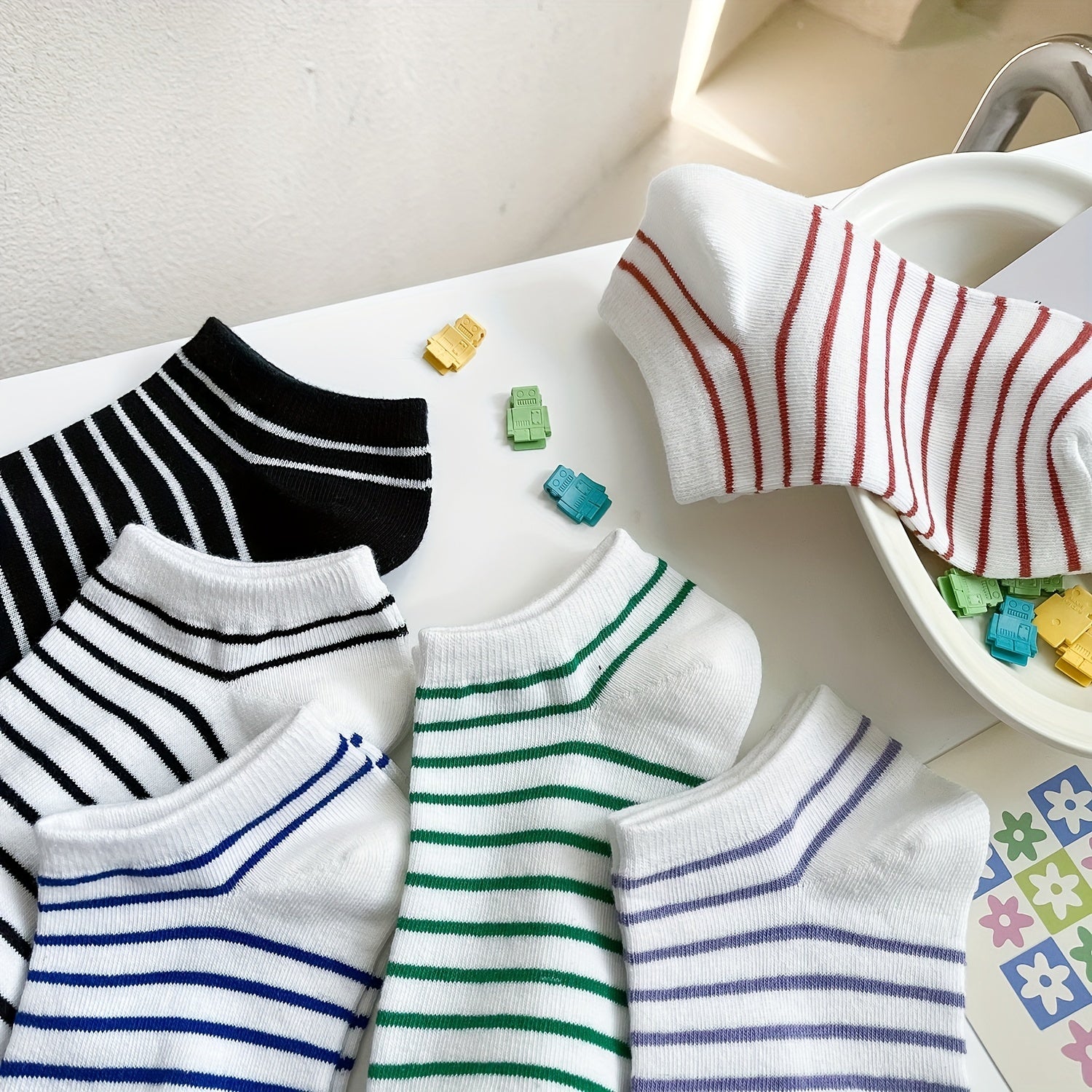 6 Pairs Striped Ankle Socks Women's Short Stockings & Hosiery