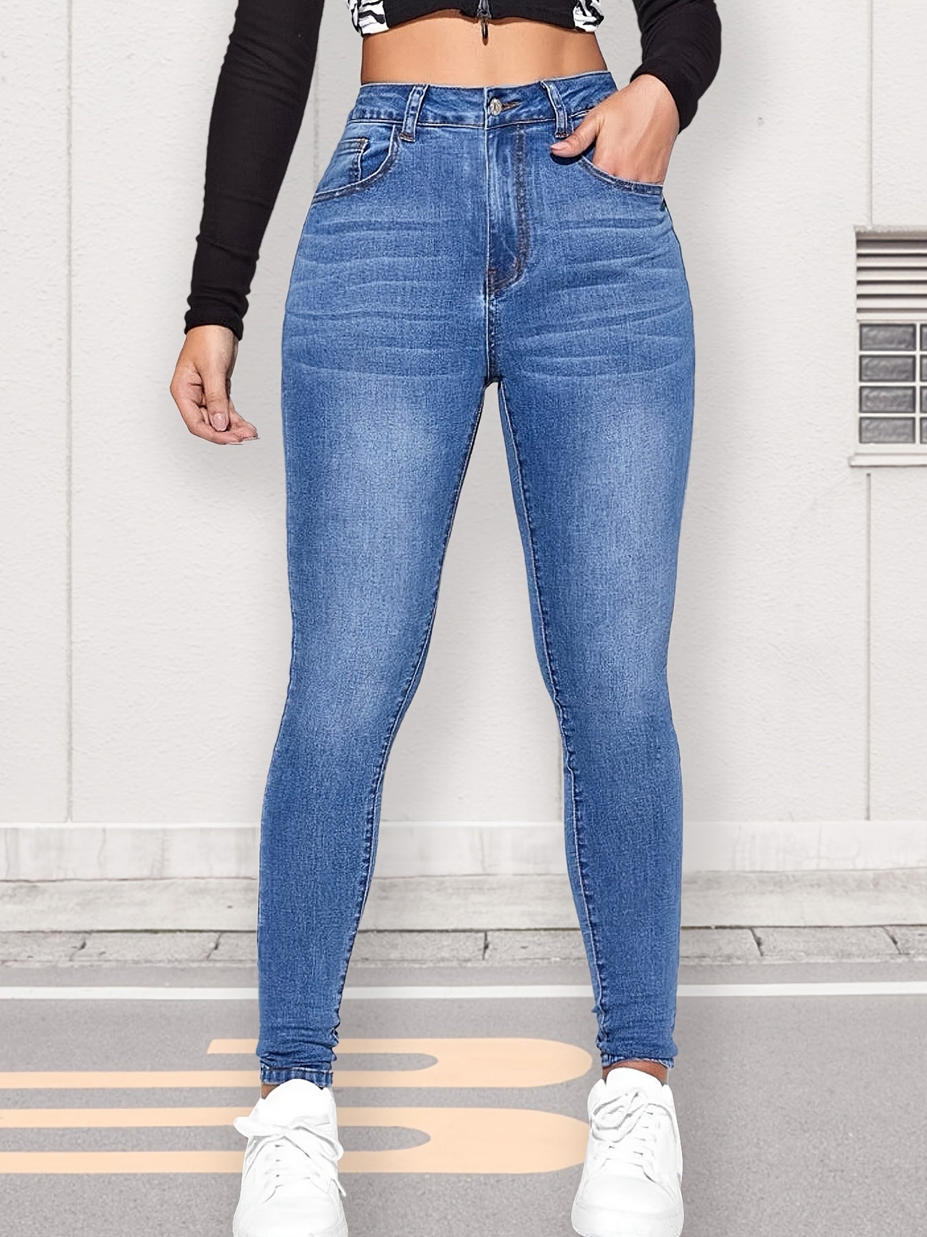 High Waist Slash Pocket Skinny Denim Jeans