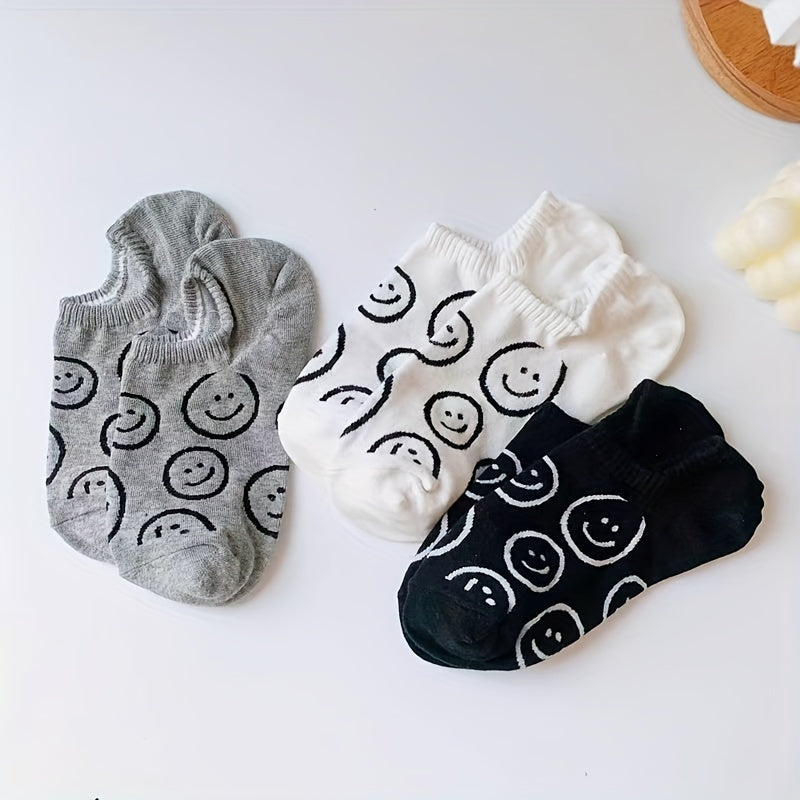 3 Pairs Smiling Print Socks Low Cut Ankle Women's Stockings