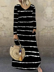 Striped Long Sleeve V Neck Maxi Dress With Pockets
