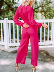 Solid Lantern Sleeve Wide Leg Jumpsuit With Belt