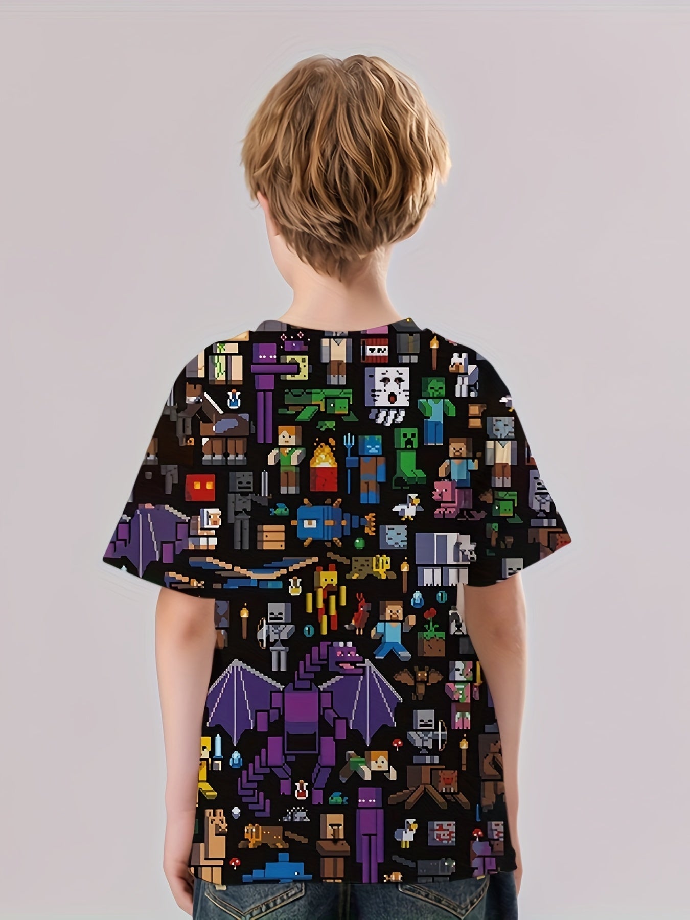 Pixel Character Print Boys T-shirt Lightweight Short Sleeve Top Summer Kids Clot