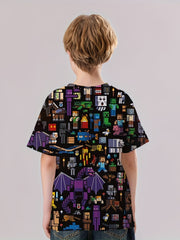 Pixel Character Print Boys T-shirt Lightweight Short Sleeve Top Summer Kids Clot