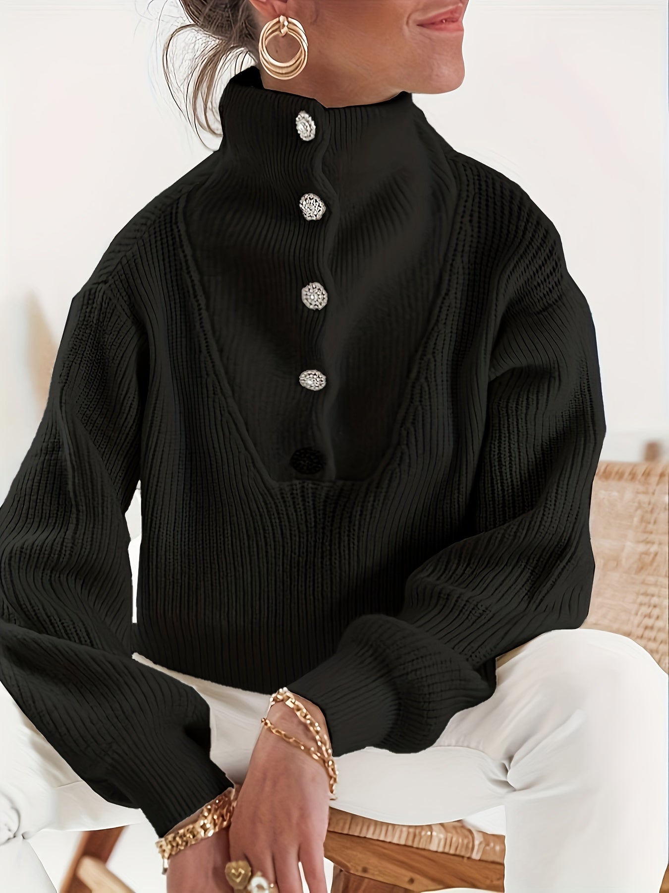 Casual Sweater Solid Button Up Long Sleeve High Neck Jumper