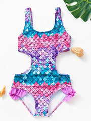 Toddler Girls Fish Scale Ruffle Trim One Piece Swimsuit
