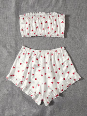 Heart Print Pajama Set Strapless Tube Top & Ruffle Shorts