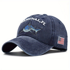 Distressed Coated Denim Baseball Hat with Big Shark Embroidery
