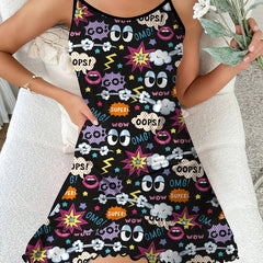 Cartoon Graffiti Print Nightdress Ruffle Slip Sleep Dress Women's Sleepwear