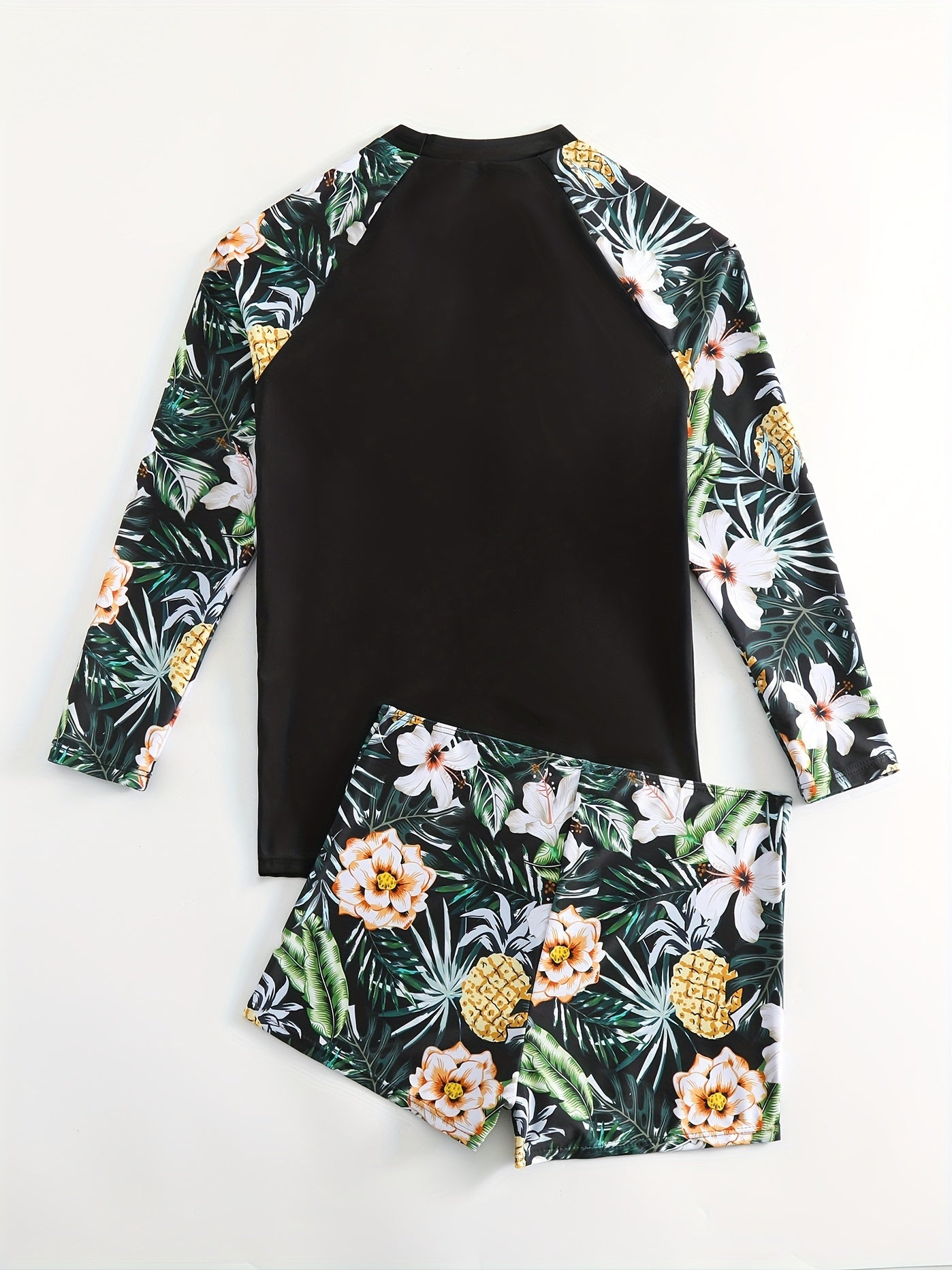 Tropical Print Tankini Set Long Sleeves Round Neck Two Pieces Swimsuit