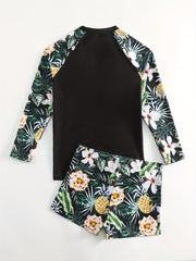 Tropical Print Tankini Set Long Sleeves Round Neck Two Pieces Swimsuit