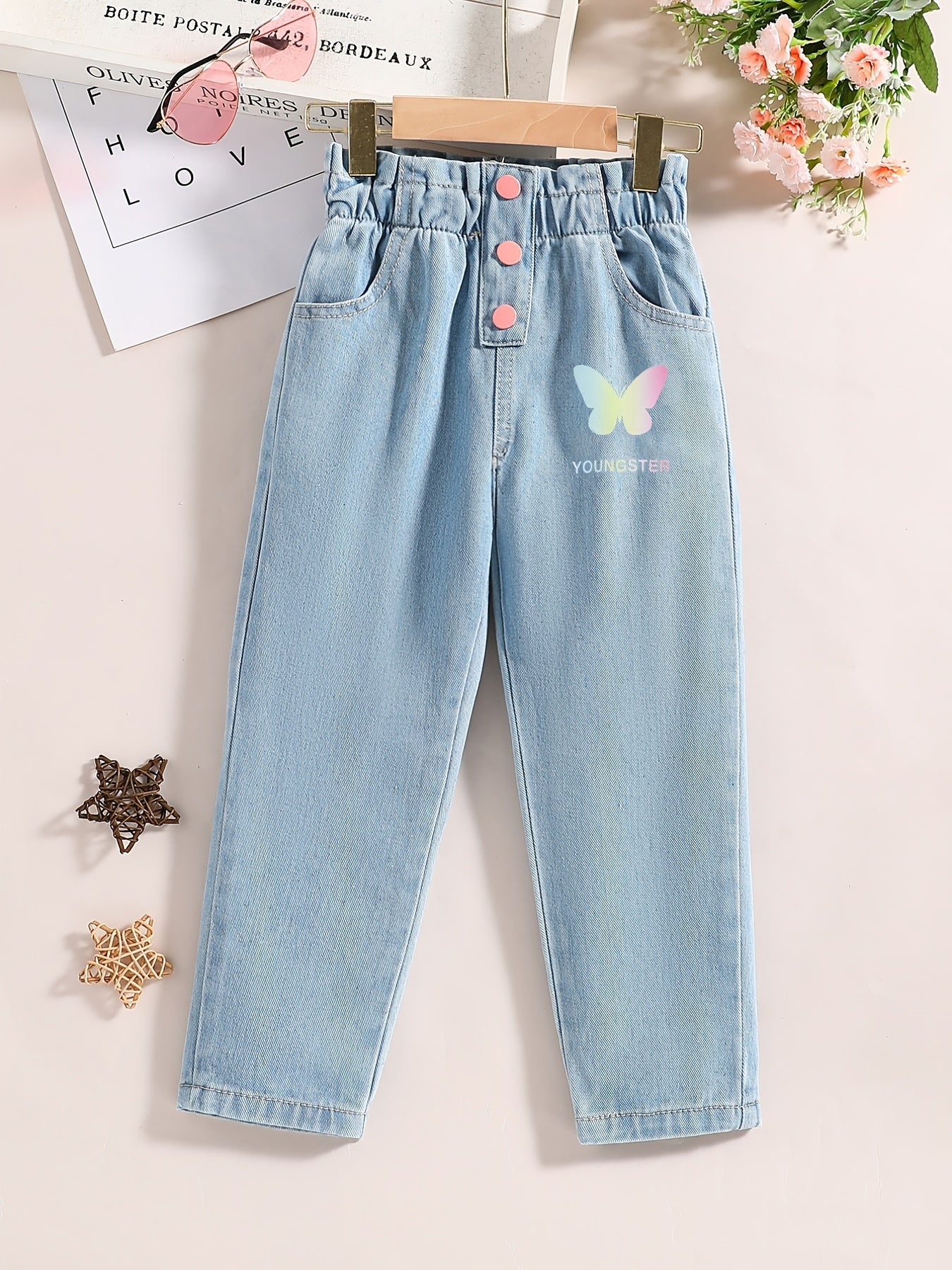 Girls' Butterfly Graphic Elastic Waist Jeans