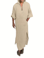 Islamic Arabic Kaftan Men Half Sleeve Hooded Solid V Neck Muslim Clothes Vintage