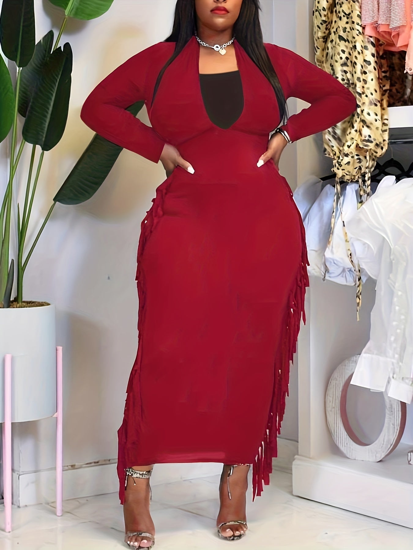 Casual Dress Solid Long Sleeve V Neck Fringe Trim Midi Dress