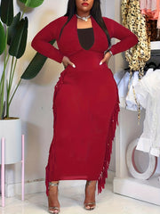 Casual Dress Solid Long Sleeve V Neck Fringe Trim Midi Dress