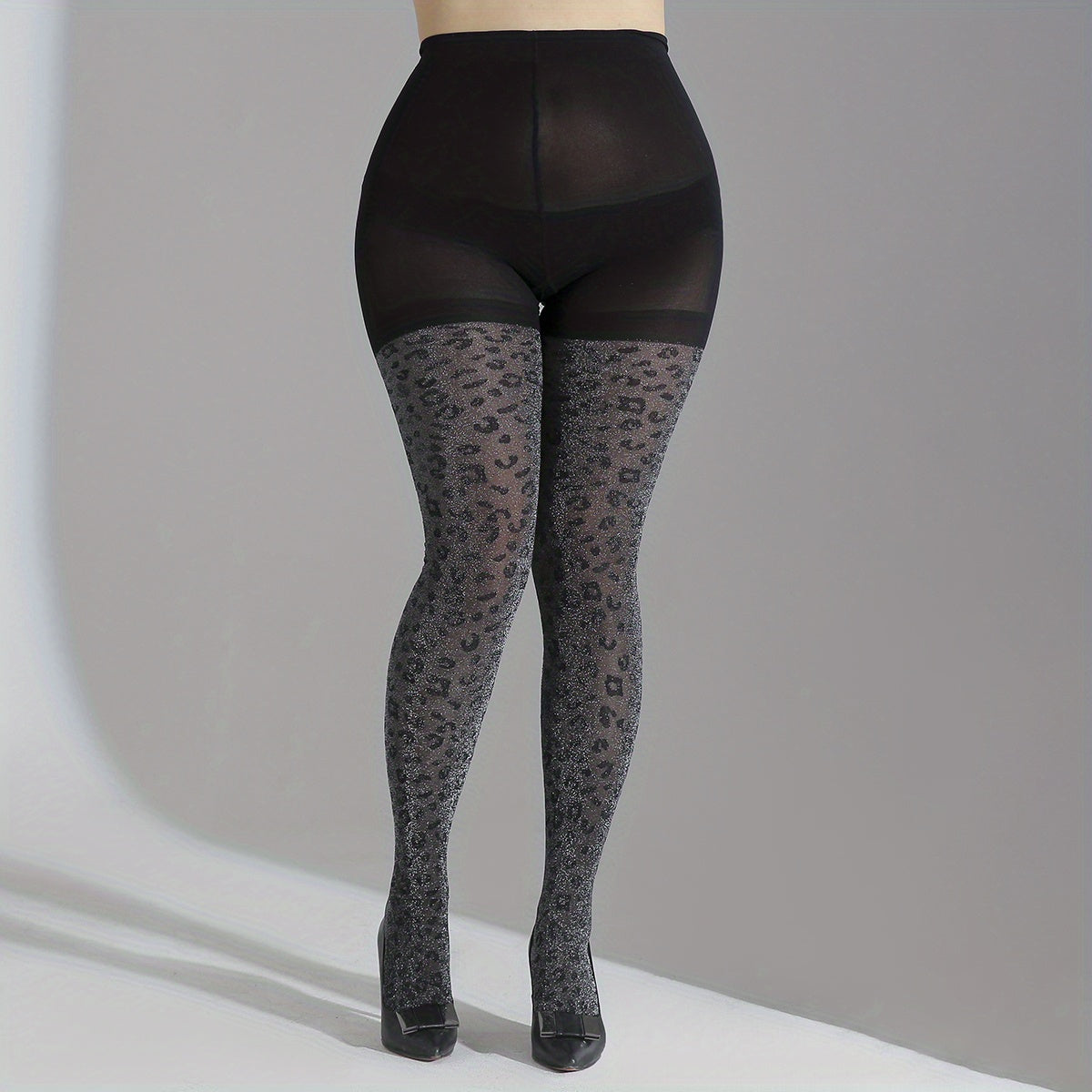 Plus Size Shimmer Leopard Print High Rise Pantyhose
