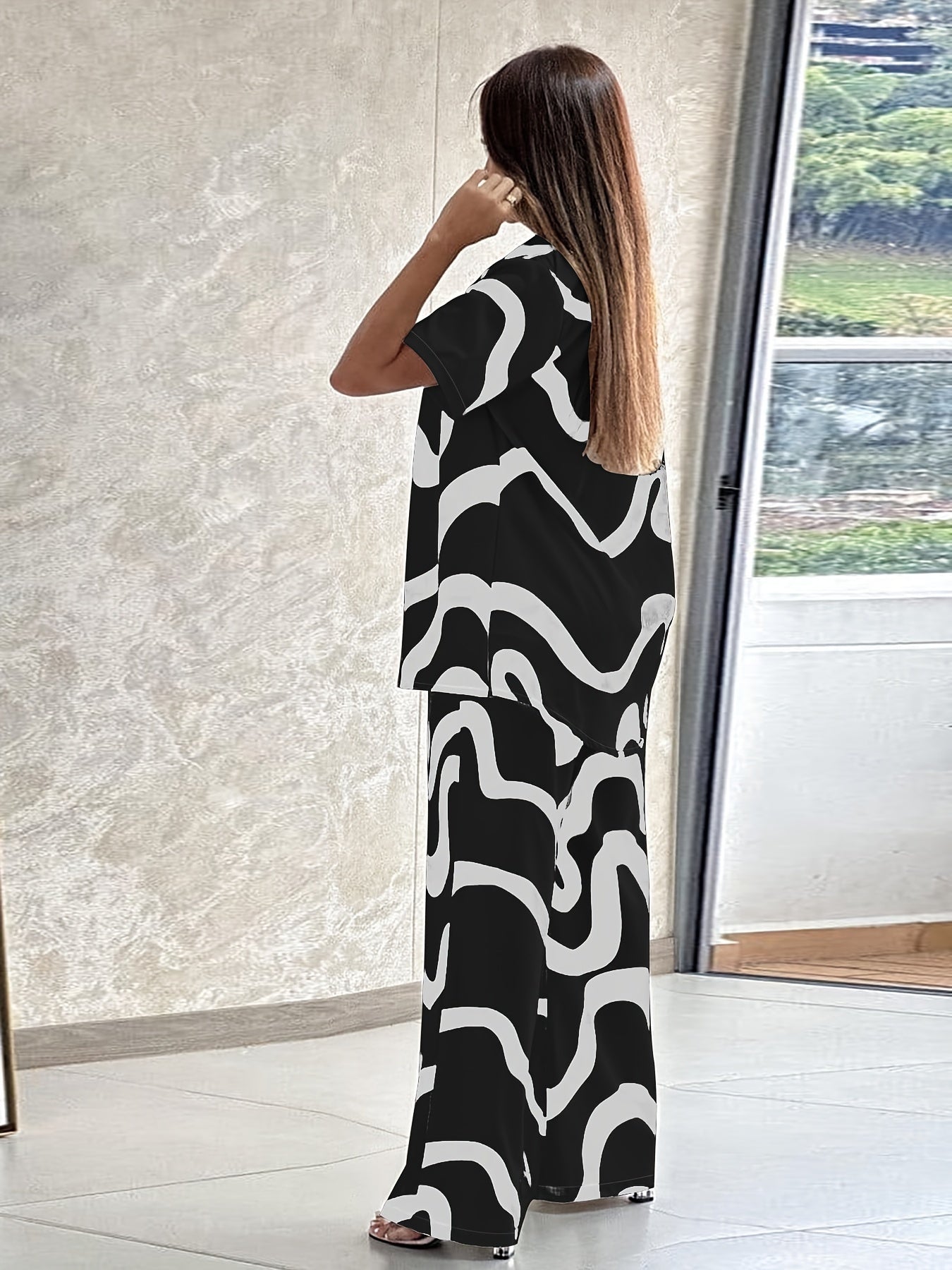 Abstract Print 2pc Set Open Front Short Sleeve Tops & Wide Leg Pant