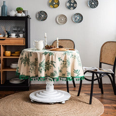Green Pine Cone Print Round Fringed Tablecloth
