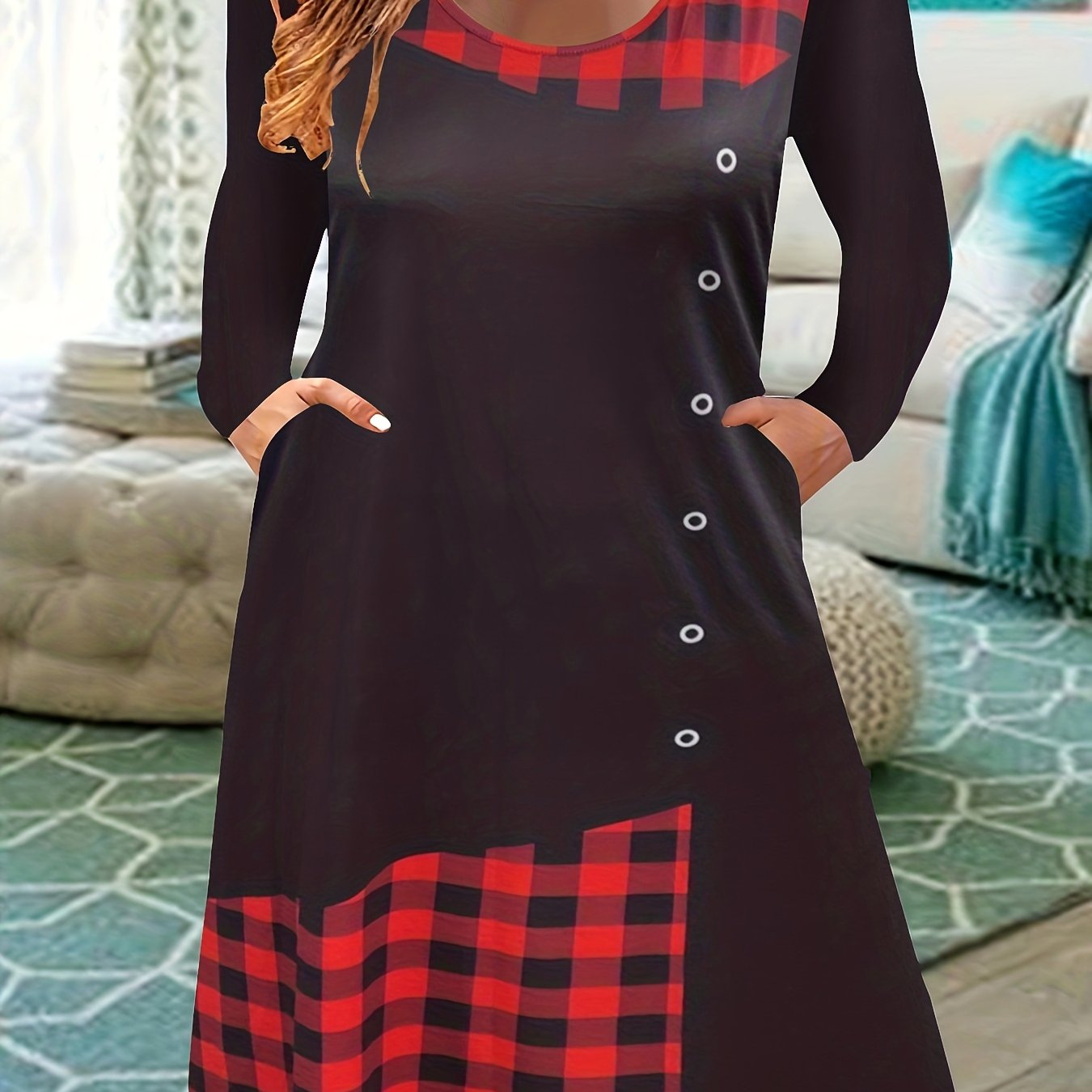Gingham Print Stretch Dress with Pockets