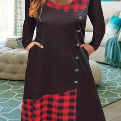 Gingham Print Stretch Dress with Pockets