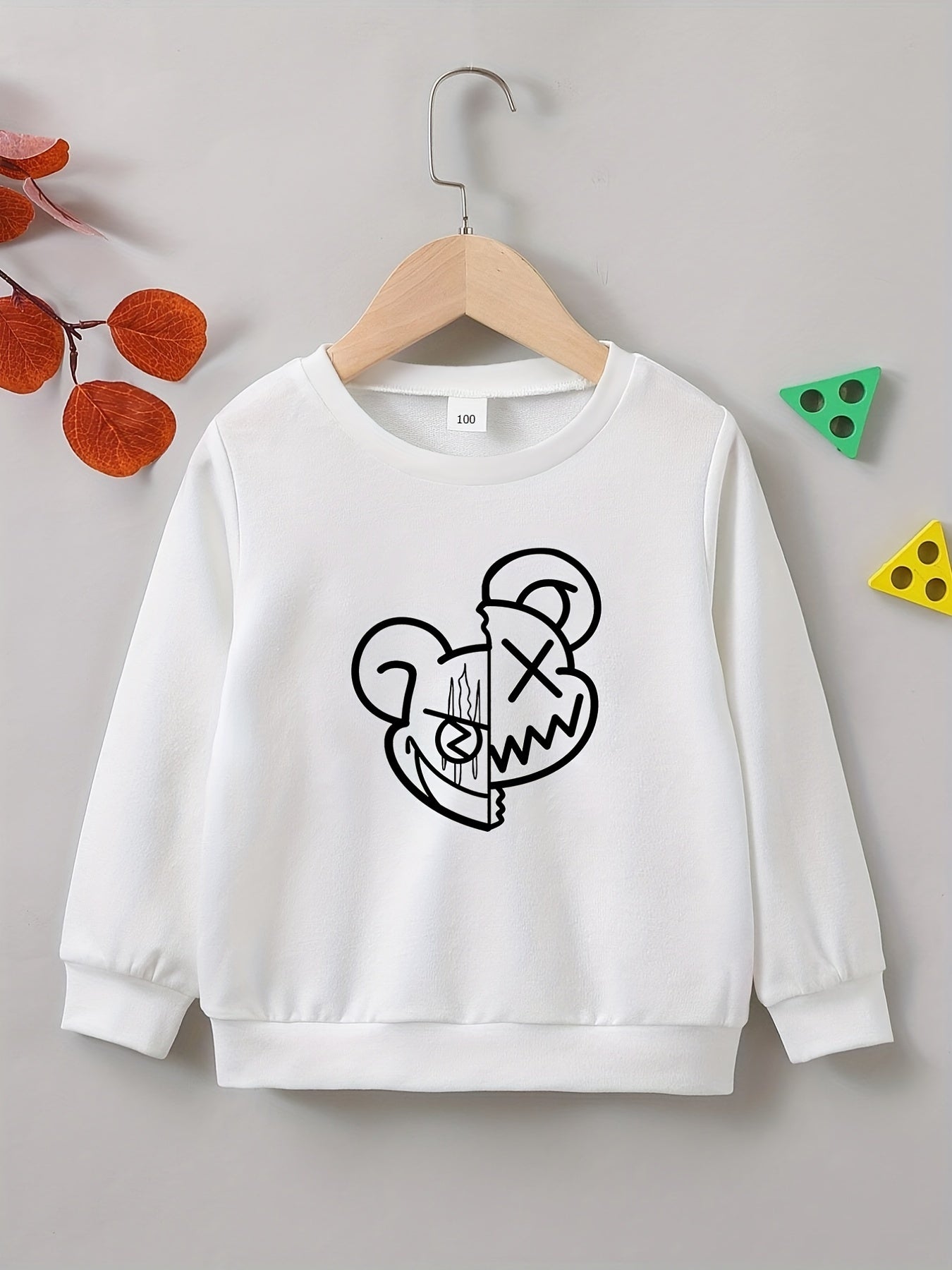Cartoon Bear Print Boys Pullover Sweatshirt Long Sleeve Crew Neck Tops