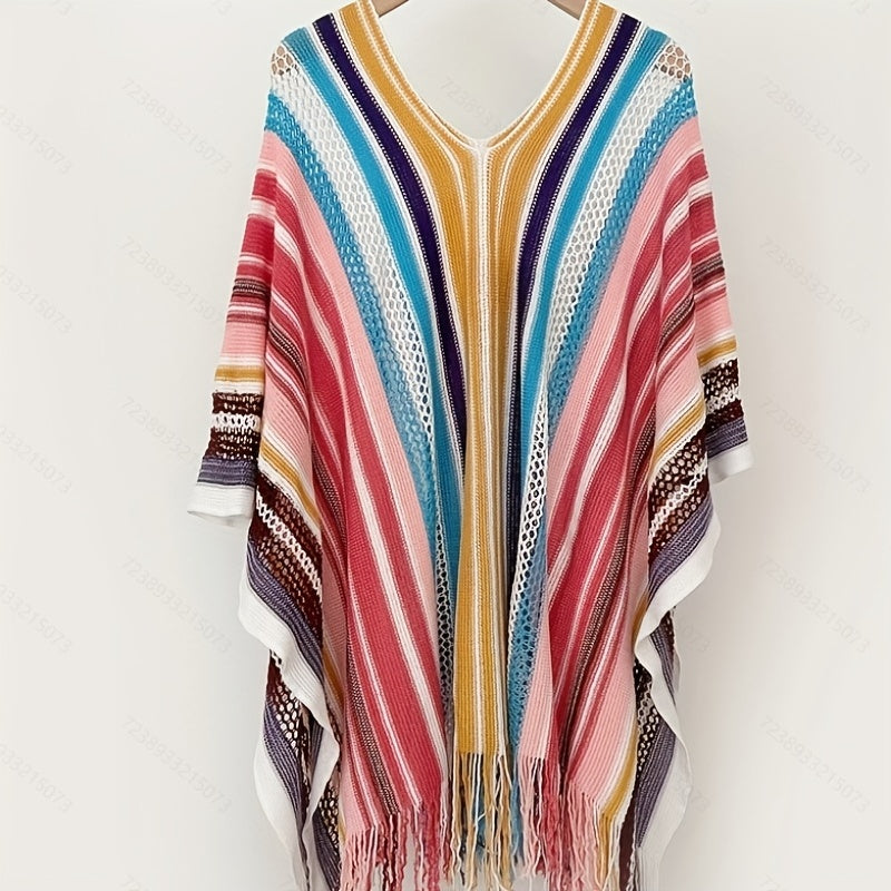 Vintage Hollow Out Stripe Shawl Boho Tassel Wrap Classic Thin Breathable Cardi