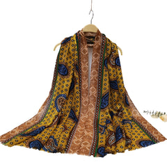 Bohemian Paisley Print Scarf Vintage Frayed Edge Long Shawl