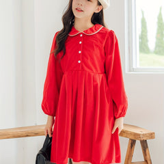 Cotton Girls Vintage Collar Long Sleeve Dress Kids Clothes