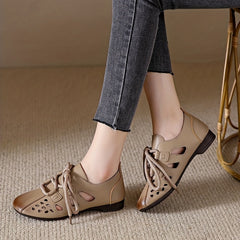 Women's Hollow Out Lace Up Flats Low Top Shoes Casual Faux Leather