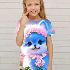 3D Kitty & Flower Graphic Short Sleeve T-shirt for Girls Summer Sports