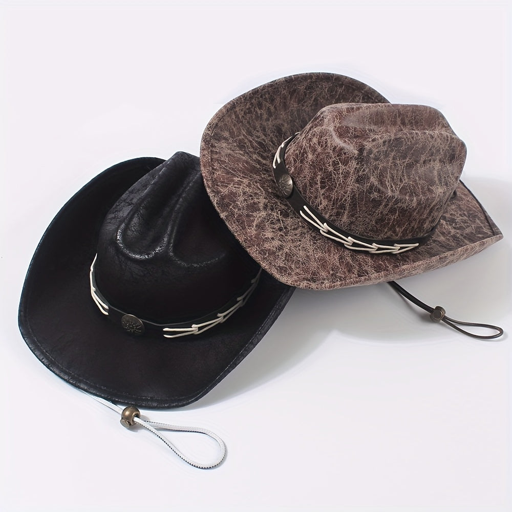 Vintage PU Leather Cowboy Hat Western Fedora Cap