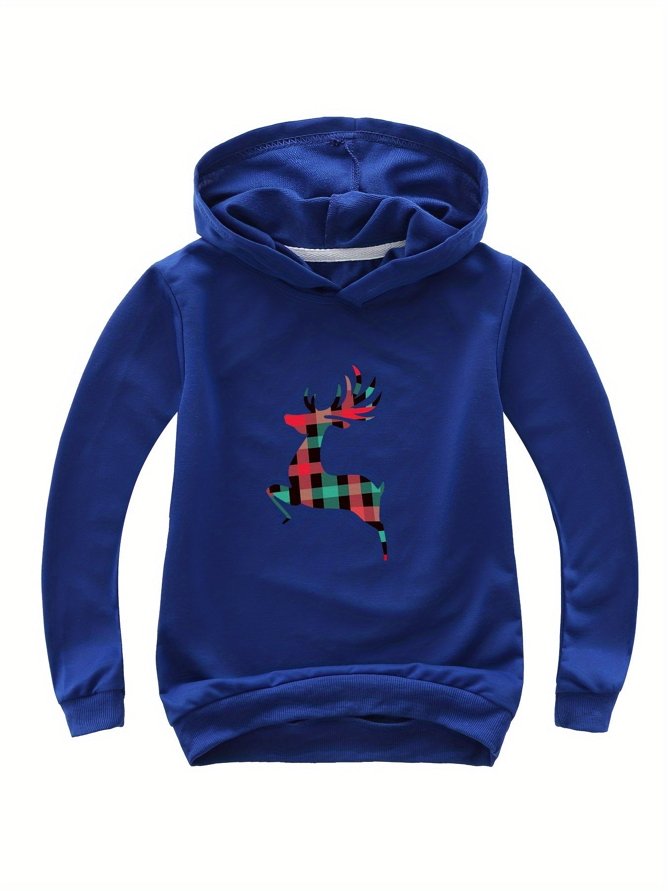 Plaid Reindeer Print Cotton Hoodie for Girls Spring Fall
