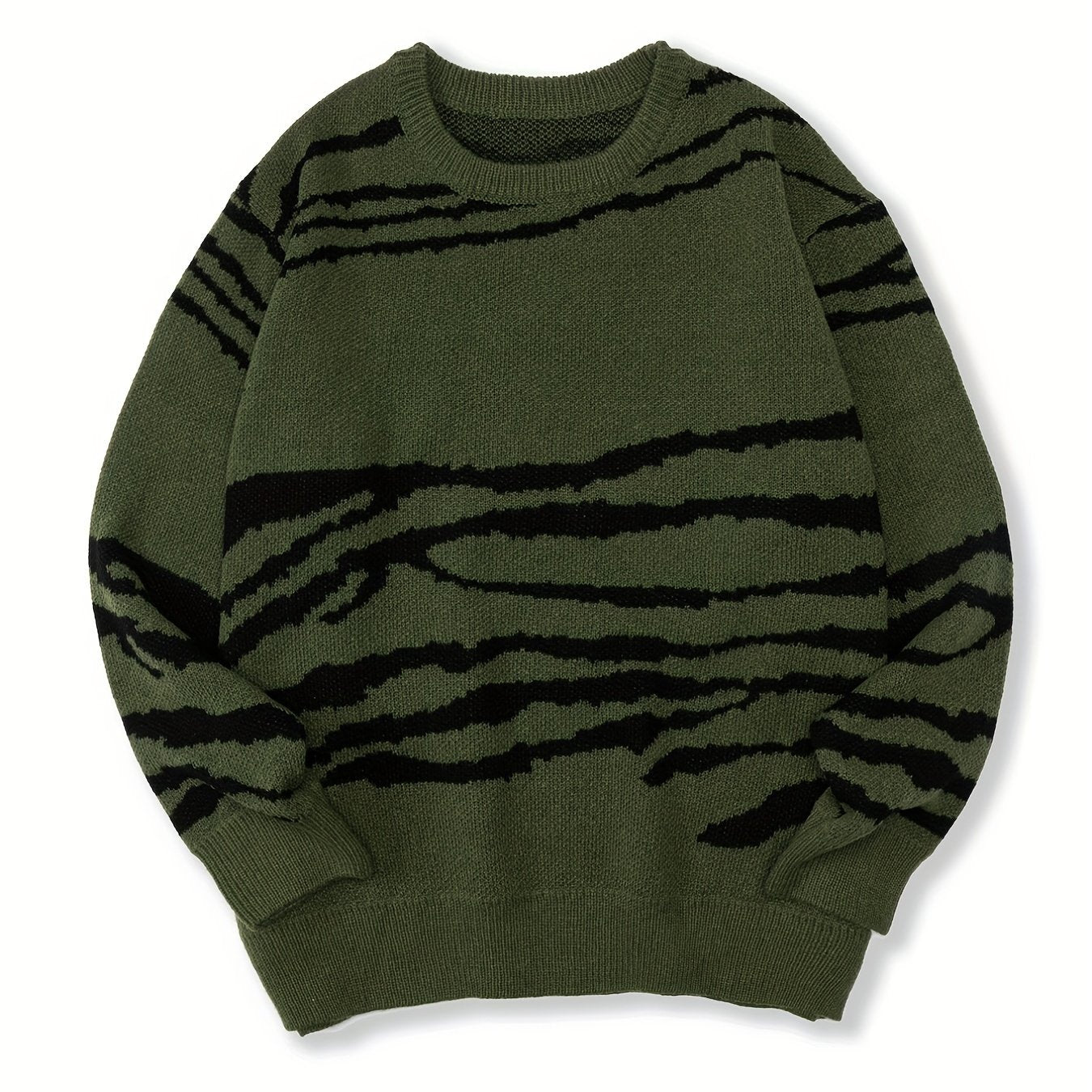 Knitted Lines Print Sweater Men's Crew Neck Pullover