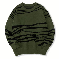 Knitted Lines Print Sweater Men's Crew Neck Pullover