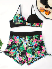 Plus Tropical Print Bikini Set Molded Cup Bra & Lace Up Side Shorts 2 Piece