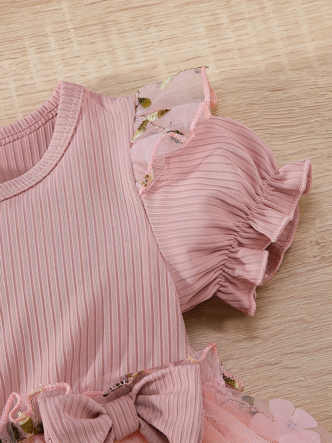 Baby Girls Floral Bowknot Mesh Puff Sleeve Dress