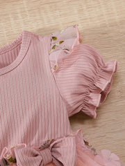 Baby Girls Floral Bowknot Mesh Puff Sleeve Dress