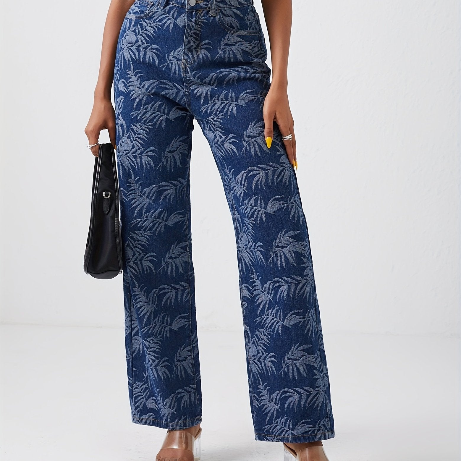 Leaf Print Straight Jeans High Waist Denim Pants