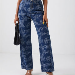 Leaf Print Straight Jeans High Waist Denim Pants