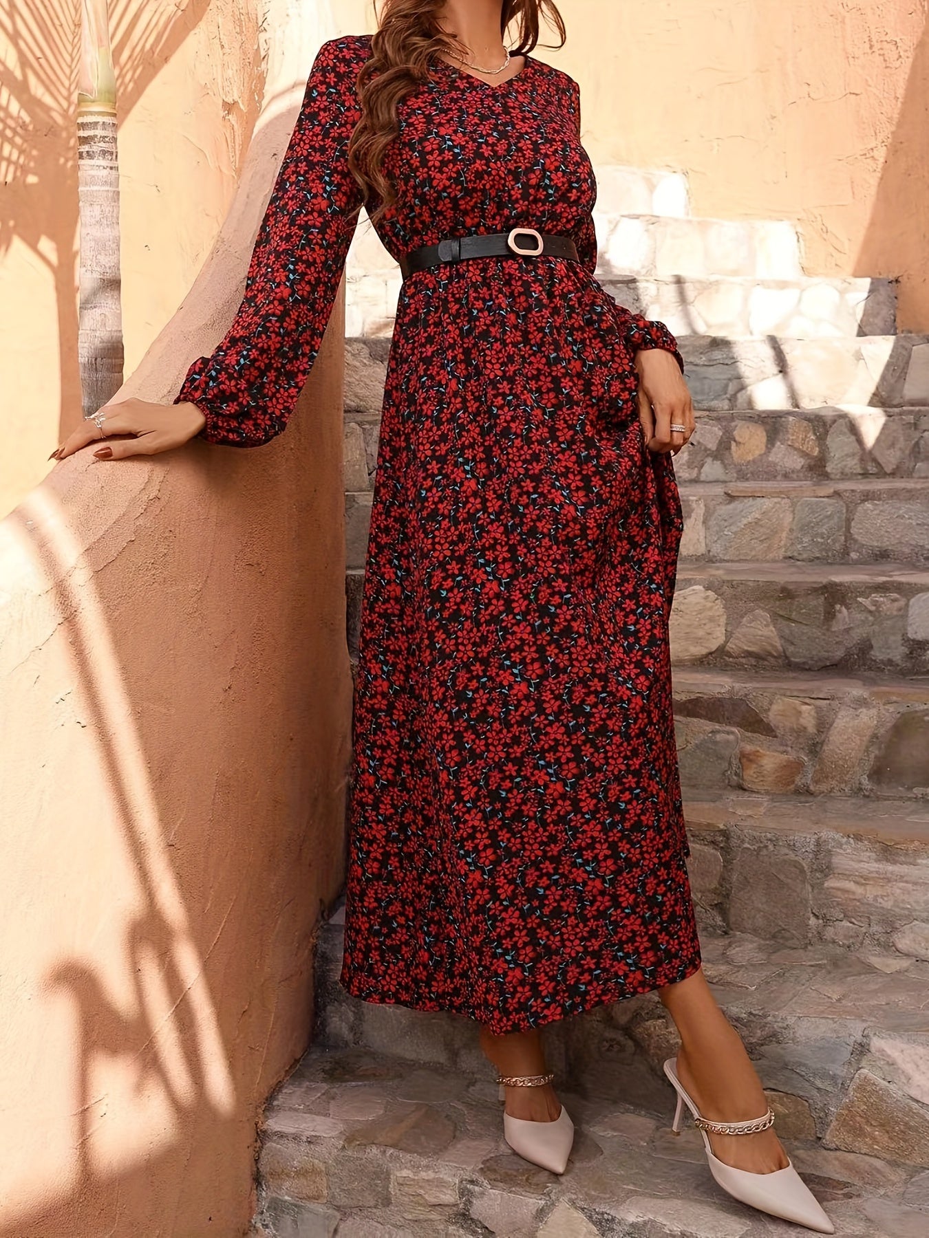 Floral Print V Neck Maxi Dress Long Sleeve High Waist