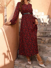 Floral Print V Neck Maxi Dress Long Sleeve High Waist