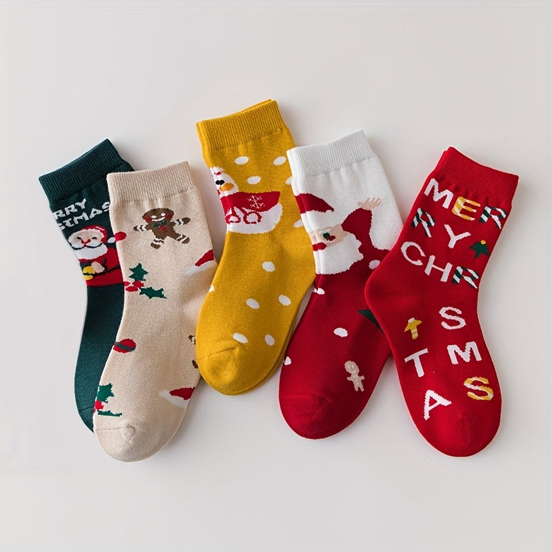 5Pairs Kids Christmas Crew Socks Cotton Blend Cartoon Snowman Design