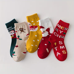 5Pairs Kids Christmas Crew Socks Cotton Blend Cartoon Snowman Design