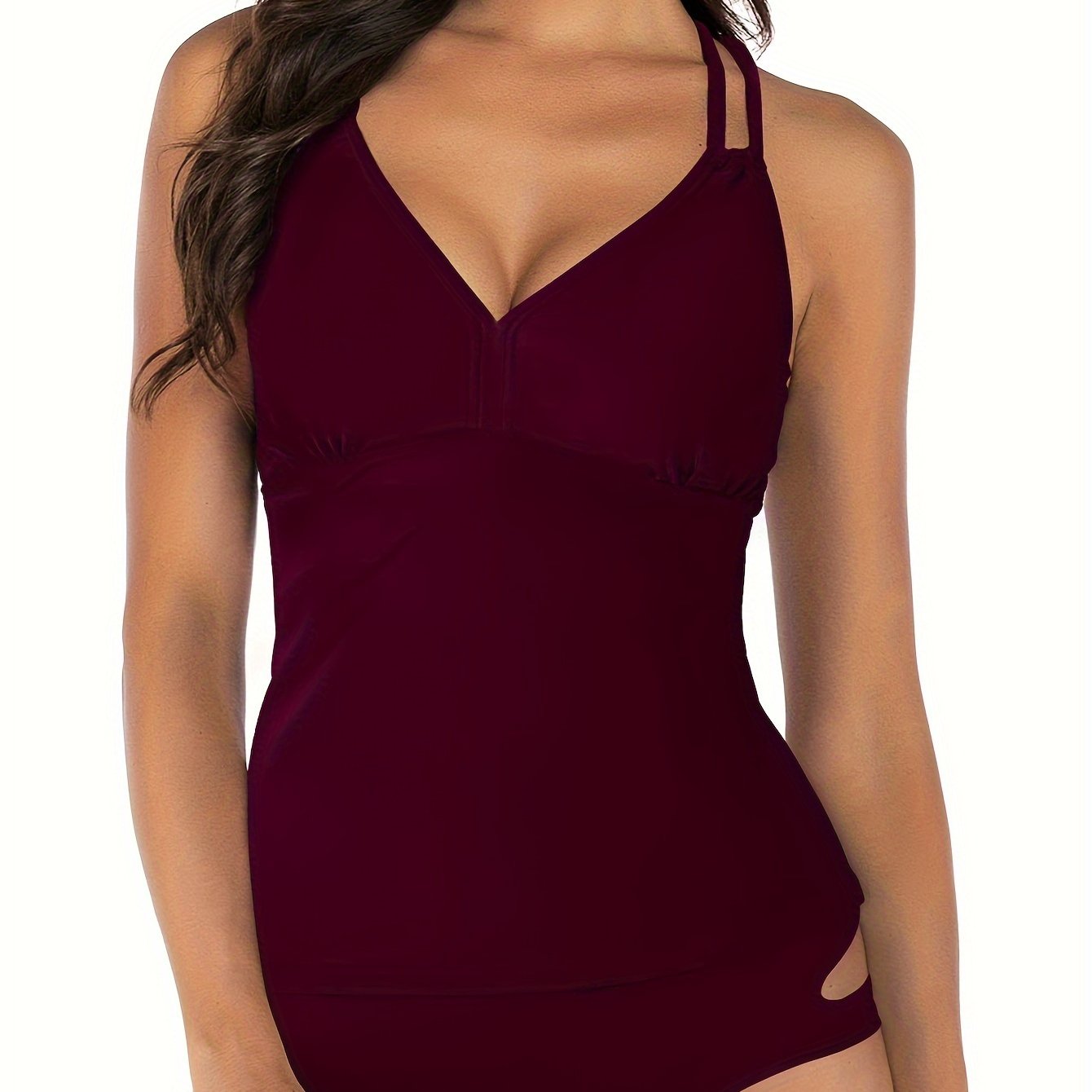 Vacay Tankini Set Solid V Neck Crisscross Back Slim Fit Cami Top & Pan