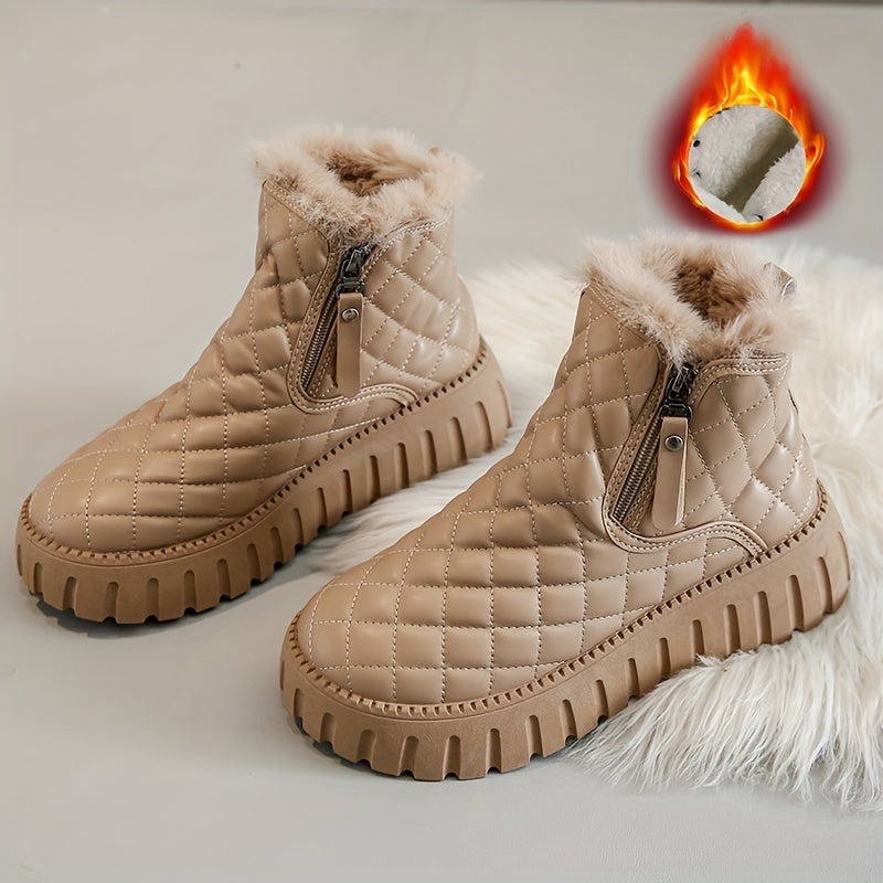 Women's Argyle Quilted Snow Boots Fleece Lining Zipper Platform Warm Ankle Boots
