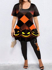 Gothic Halloween Outfit Set Women's Pumpkin & Geo Print Top & Leggings