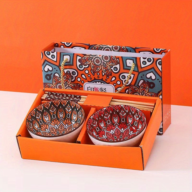 Bohemian Ceramic Rice Bowls Set of 4 Assorted Dinnerware Geometric Pattern