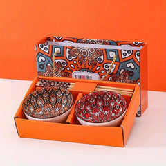 Bohemian Ceramic Rice Bowls Set of 4 Assorted Dinnerware Geometric Pattern