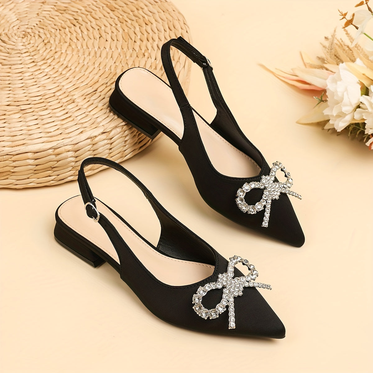 Rhinestone Bow Low Heel Slingback Sandals